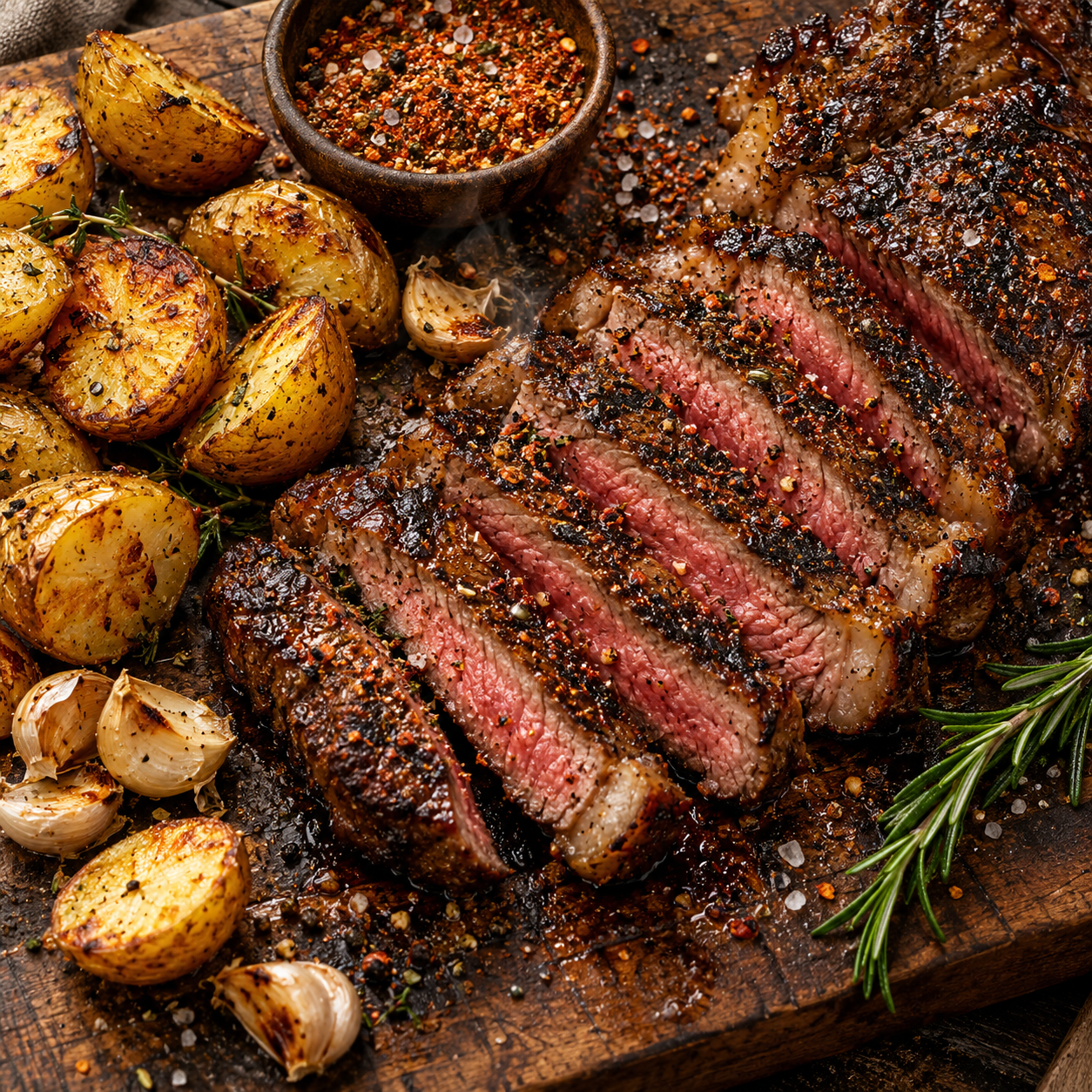 Illustrative grilled steak, golden potatoes, and a bowl of coarse spices